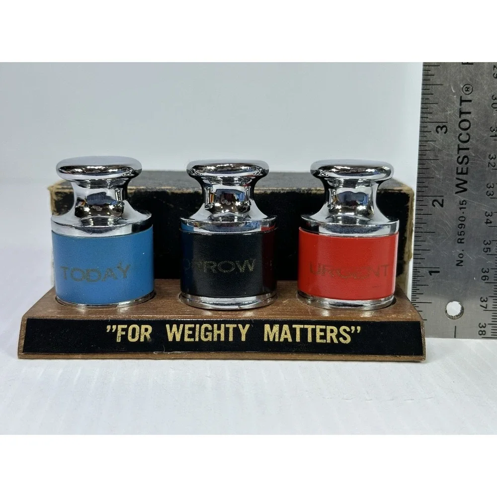 VTG For Weighty Matters Desk Paperweight Set Urgent Today Tomorrow Original Box